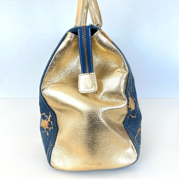 JUNIOR DRAKE Metallic Gold Studded Leather Blue Denim Weekender Oversized Tote - Picture 4 of 16